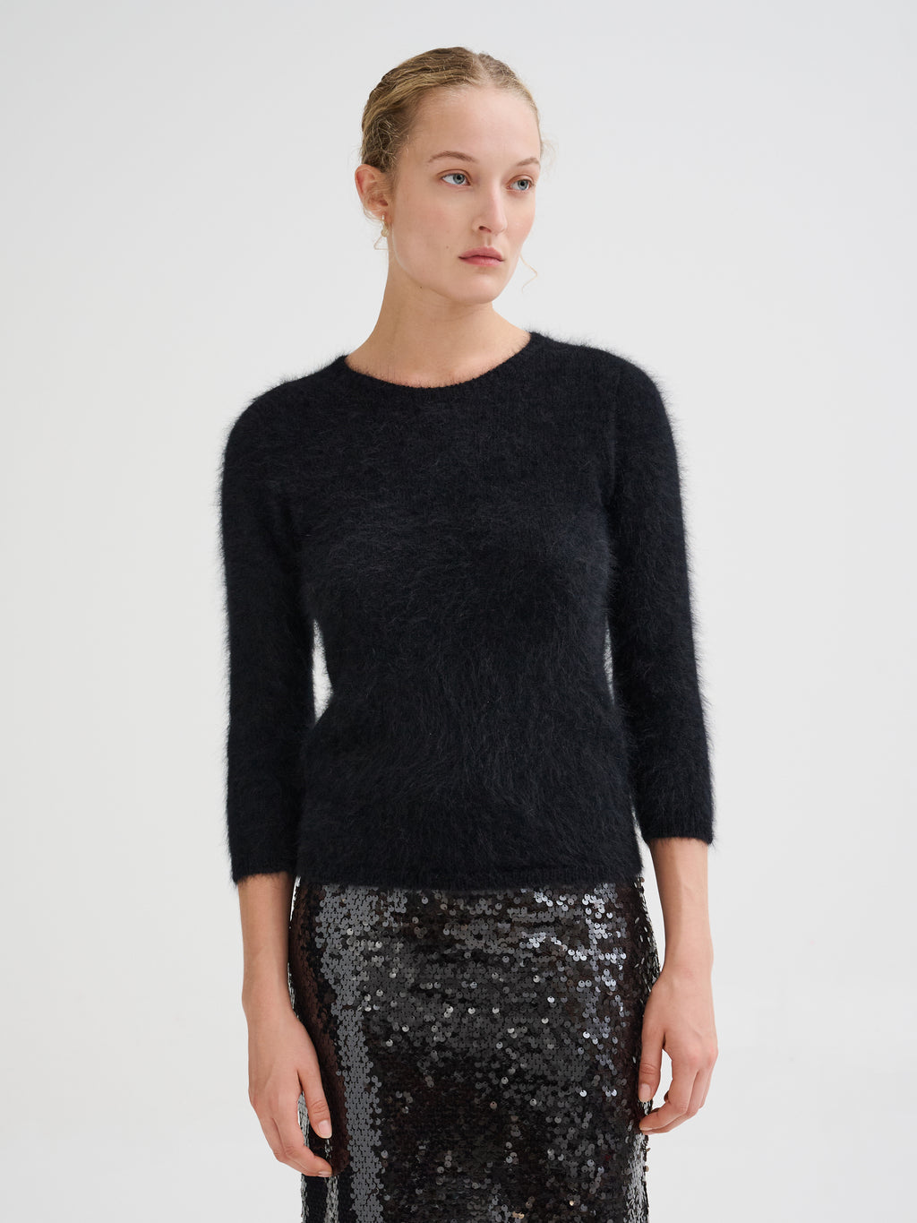 Three-quarter sleeve angora sweater