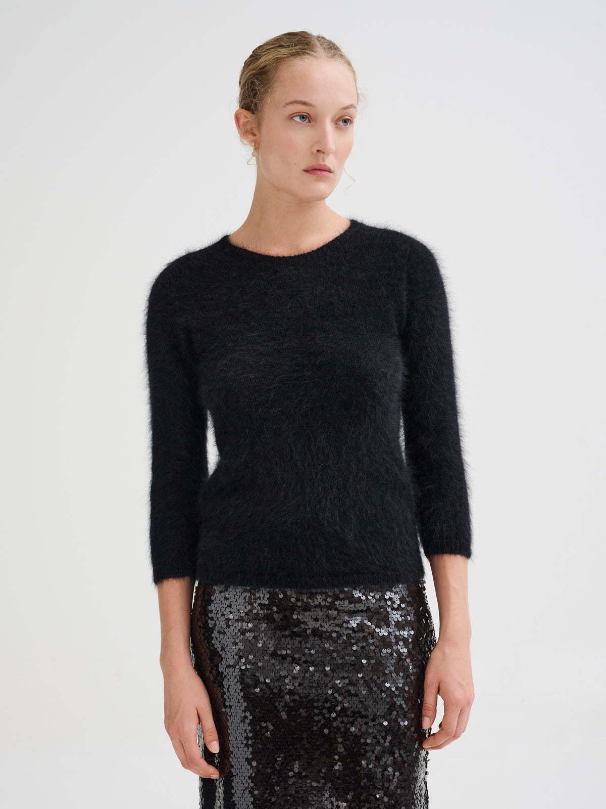 Three-quarter sleeve angora sweater