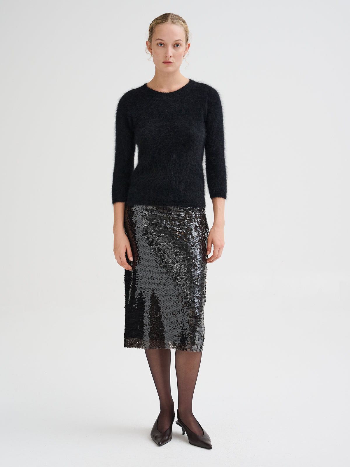 Three-quarter sleeve angora sweater