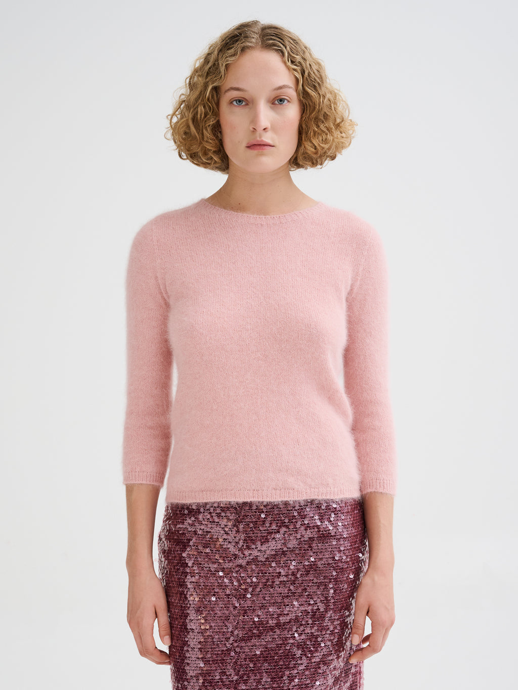 Three-quarter sleeve angora sweater