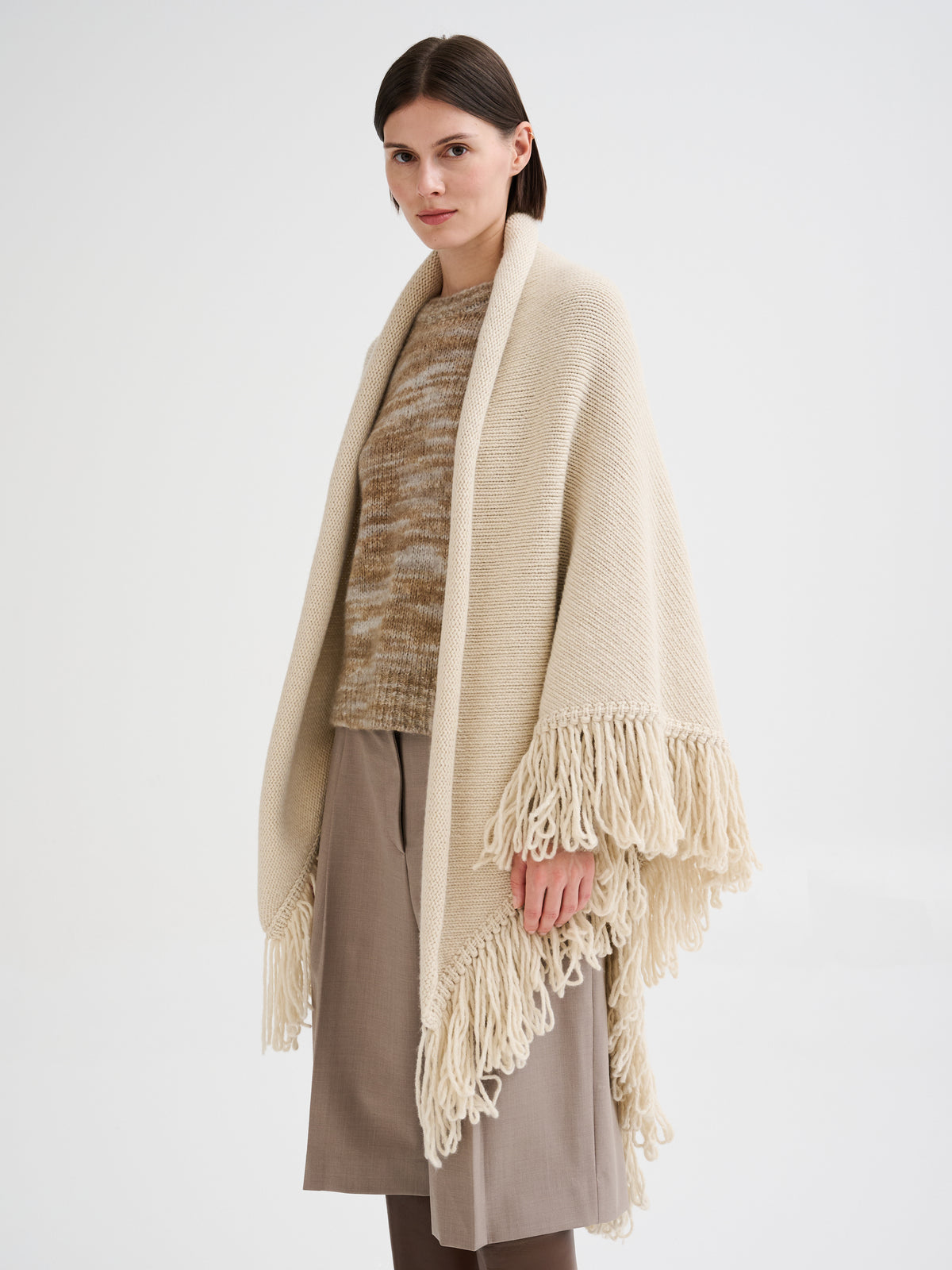 Fringed merino wool shawl