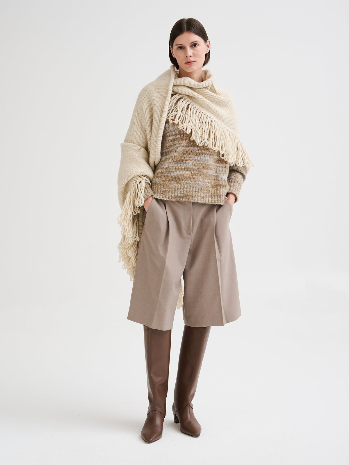 Fringed merino wool shawl