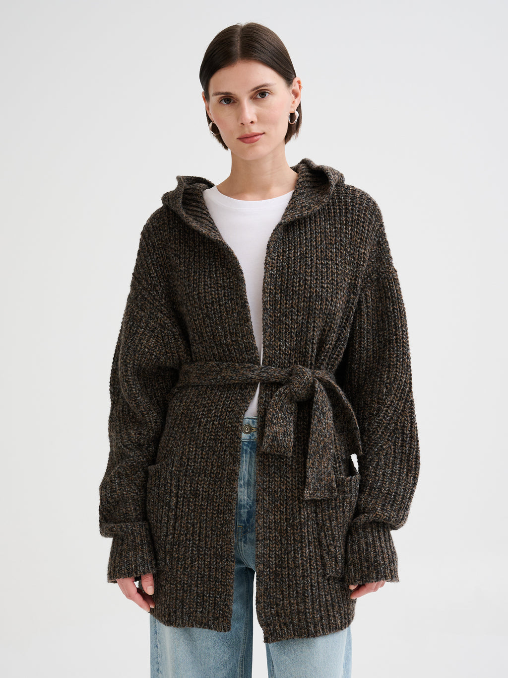 Mouliné hooded belted cardigan