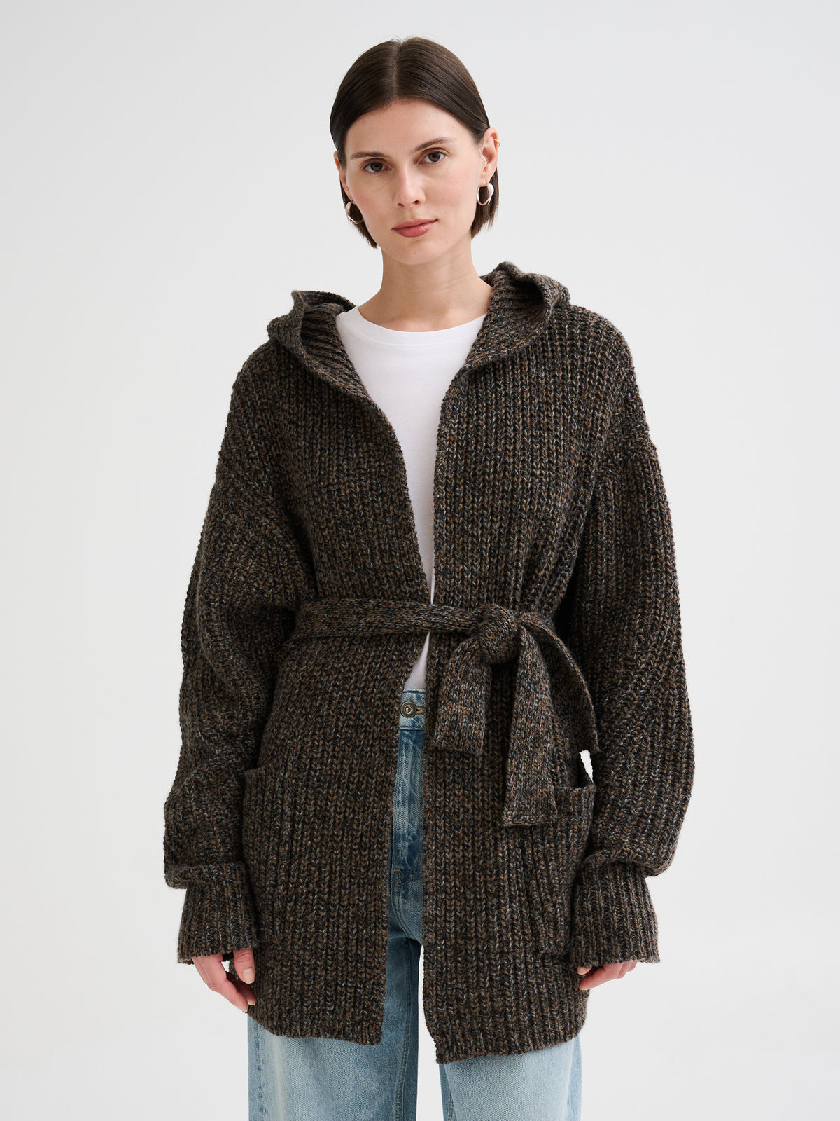 Mouliné hooded belted cardigan