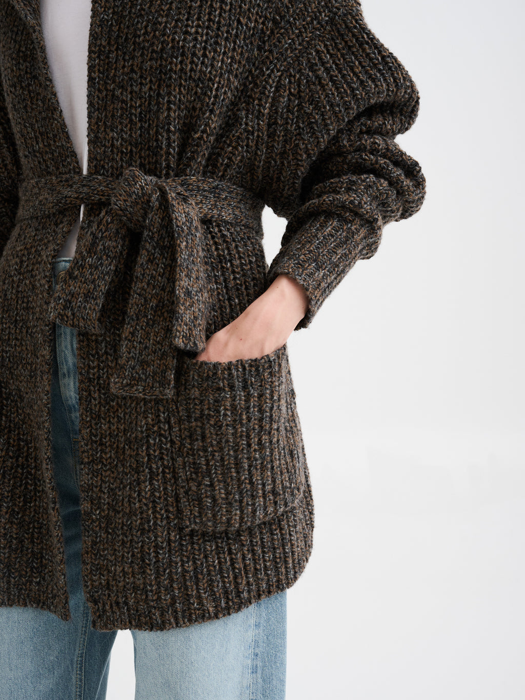 Mouliné hooded belted cardigan