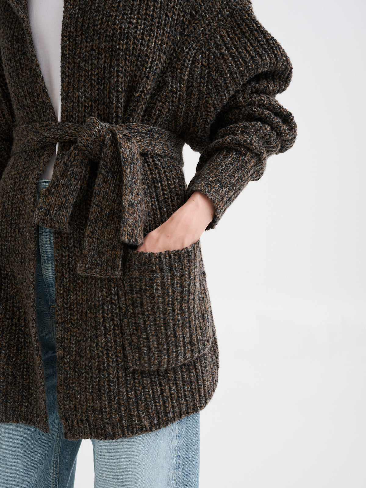 Mouliné hooded belted cardigan