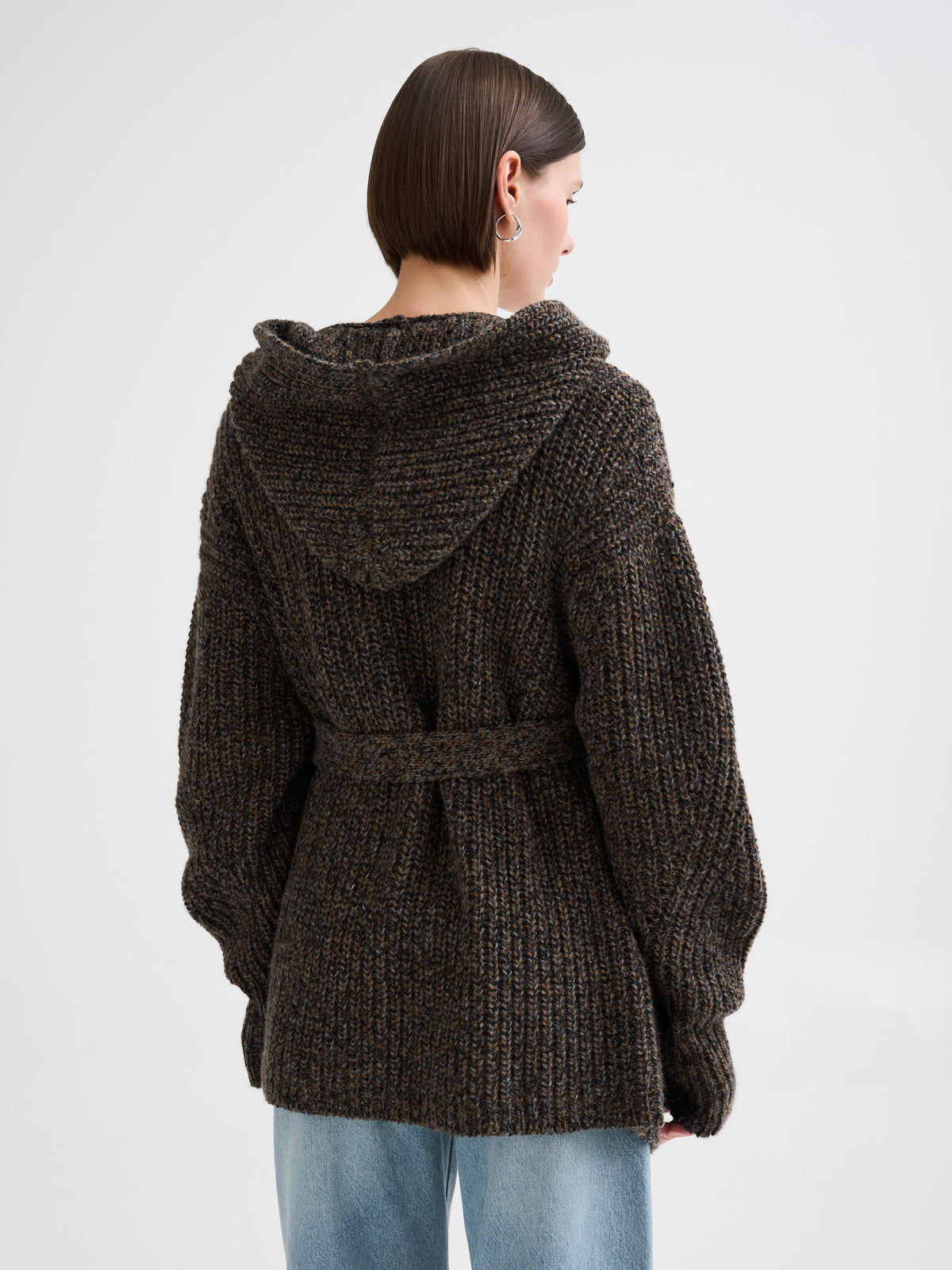 Mouliné hooded belted cardigan
