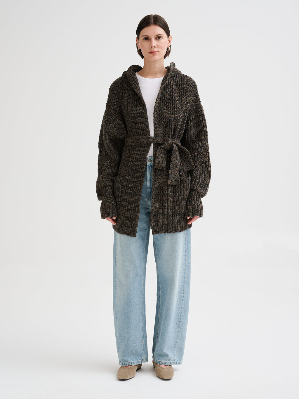 Mouliné hooded belted cardigan