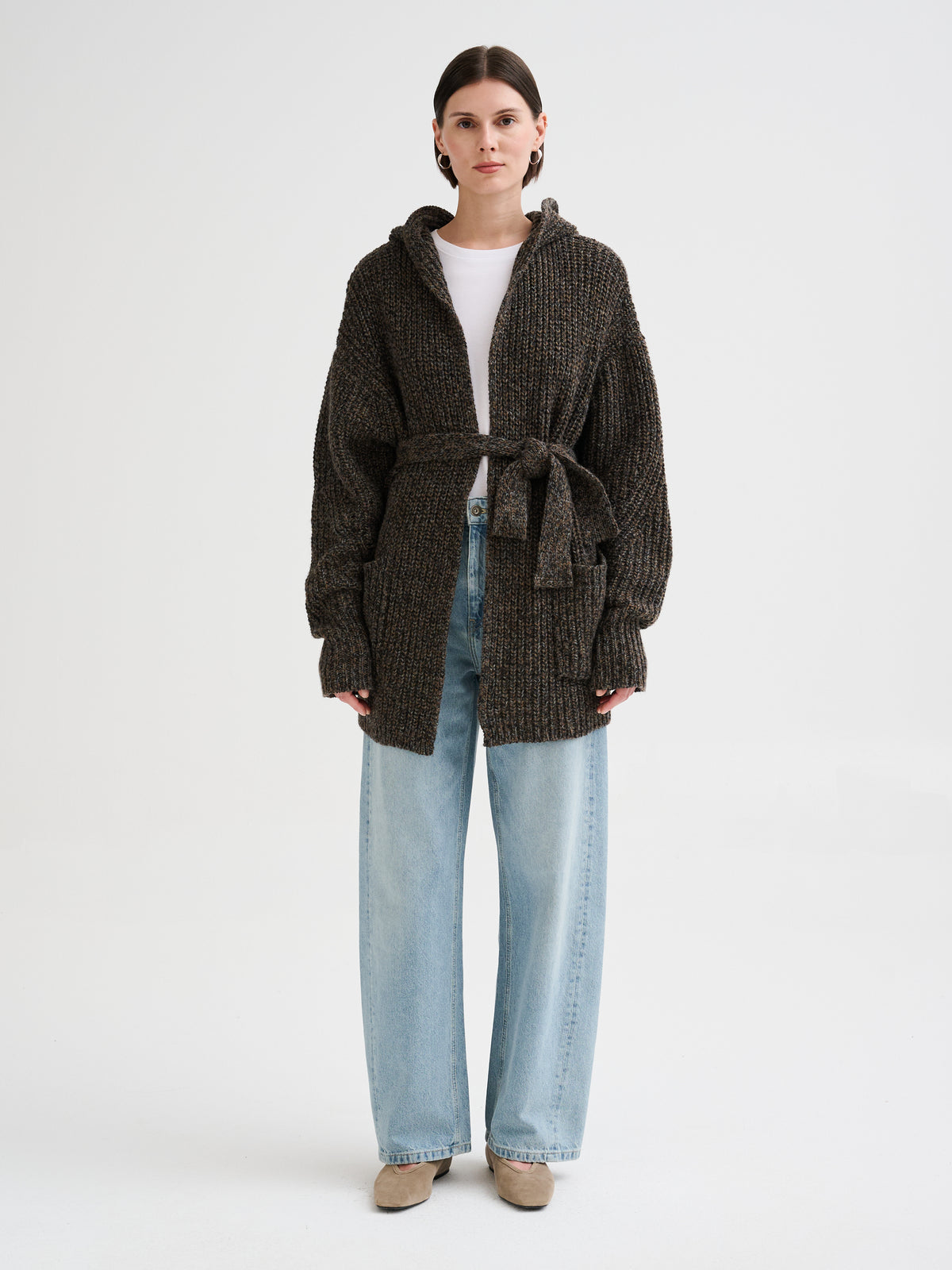 Mouliné hooded belted cardigan