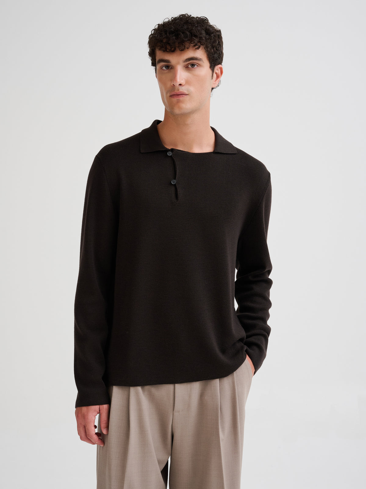 Merino wool polo with asymmetric collar