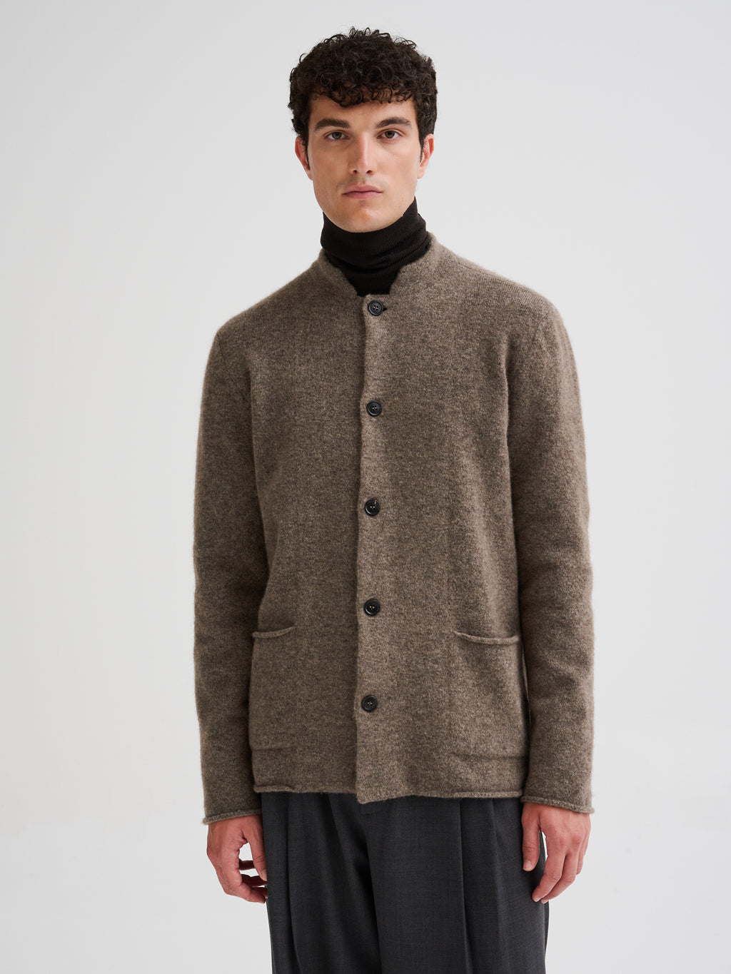 Knit jacket with stand collar
