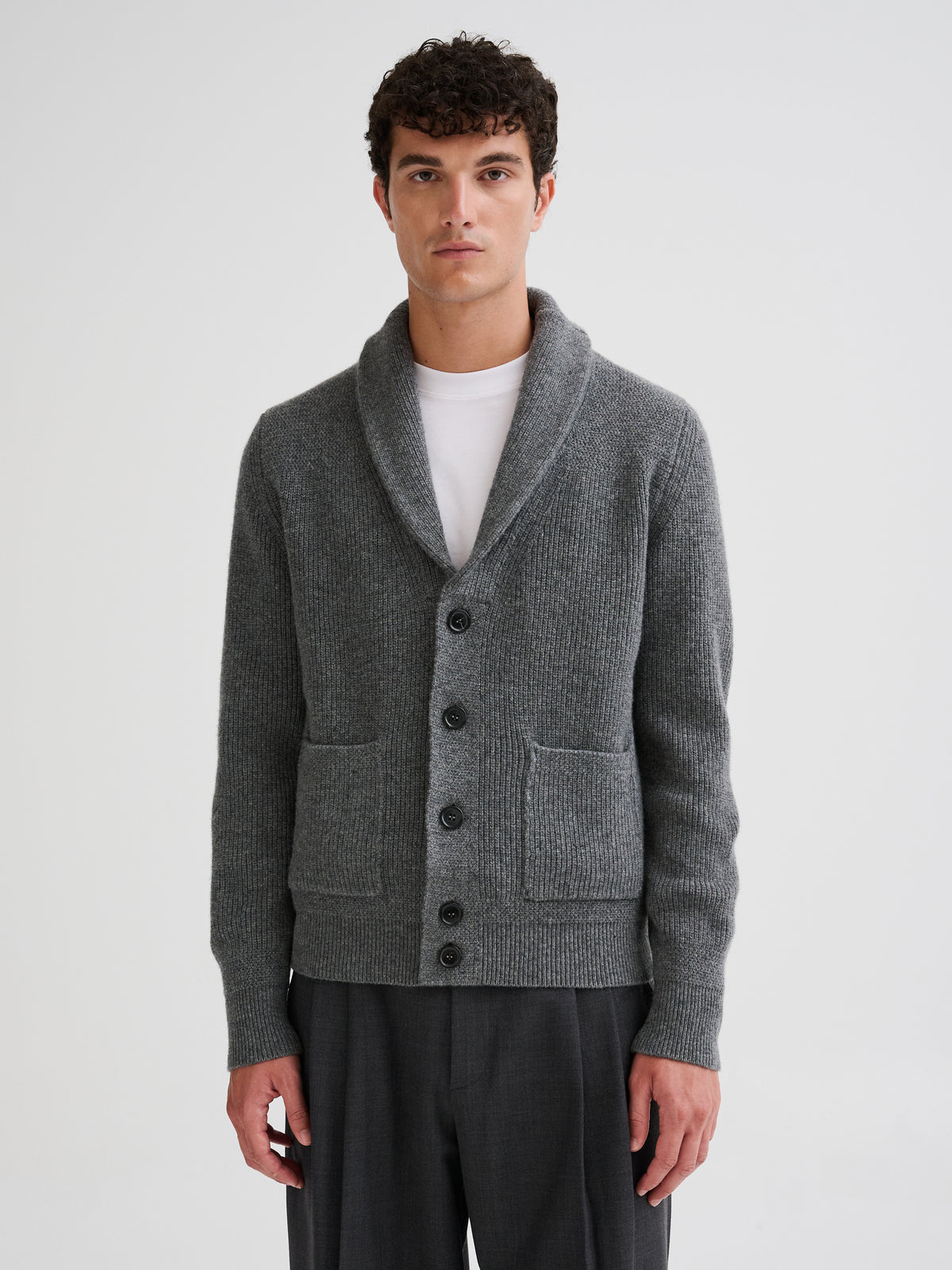 Ribbed shawl-collar knit jacket
