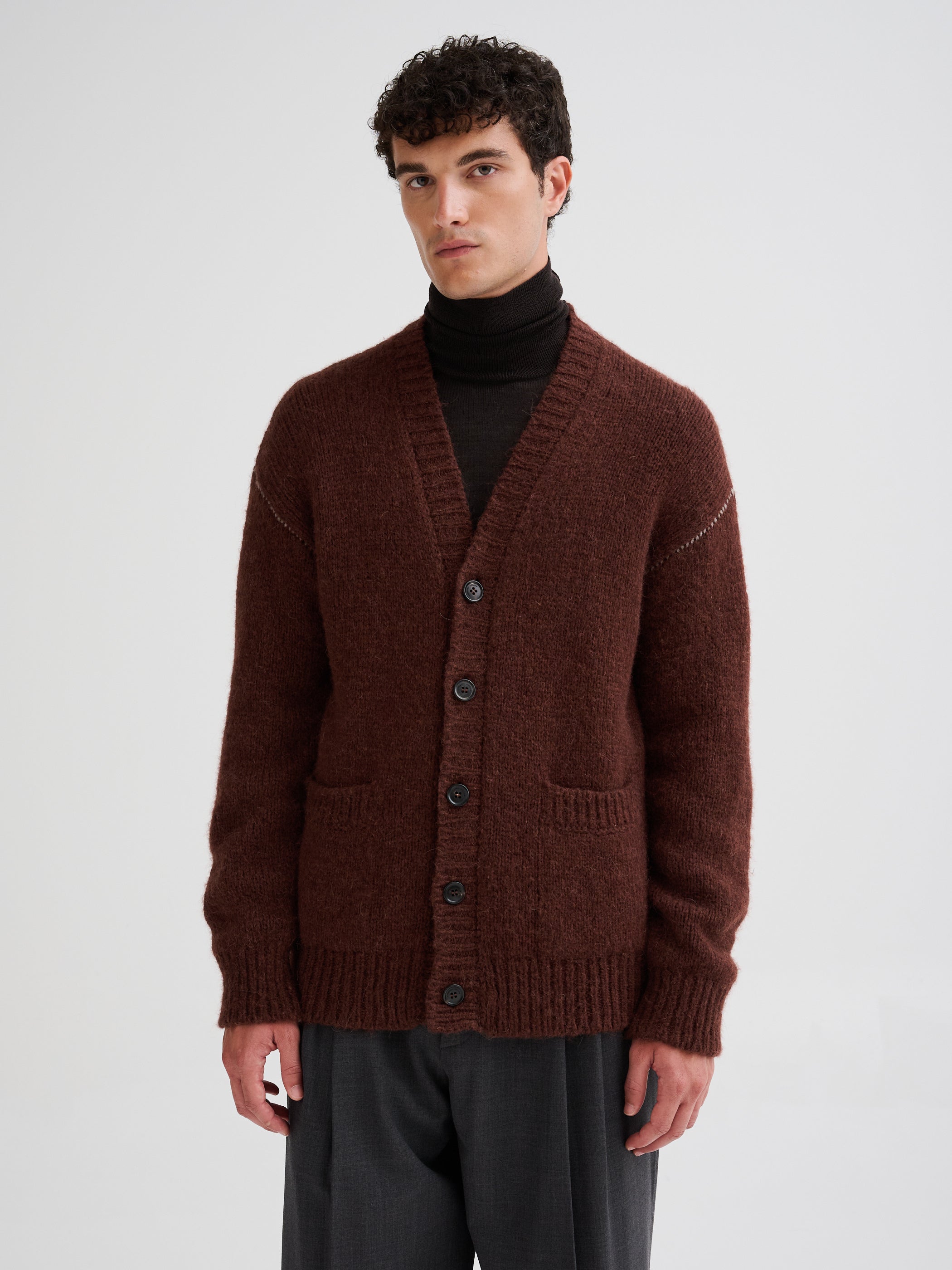 Alpaca cardigan with contrasting seams
